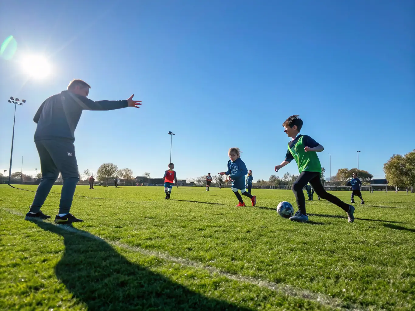 A vibrant image of children participating in a soccer clinic, showcasing teamwork and active engagement, set against a sunny outdoor field at TEJ Sports Club.