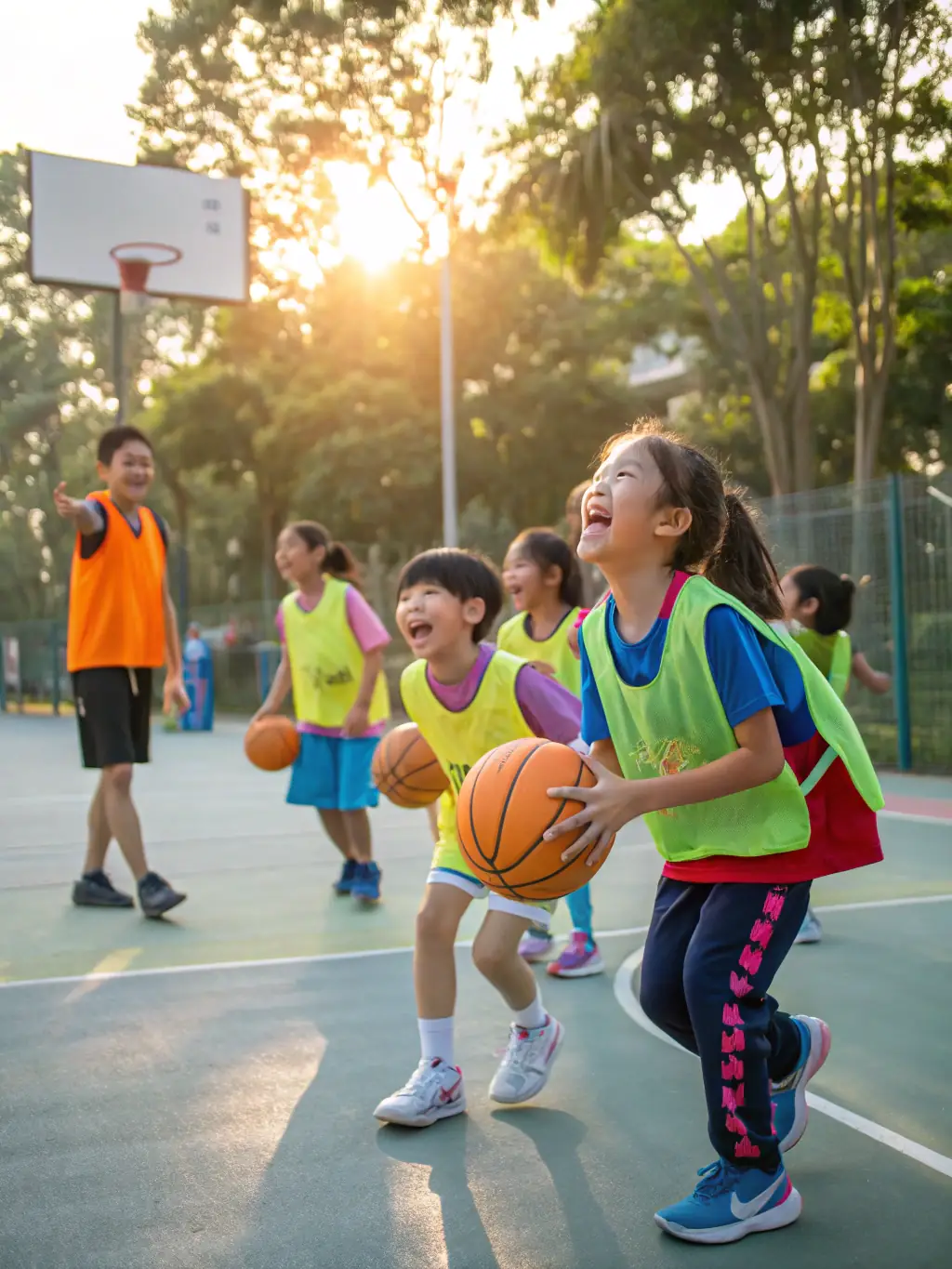 An engaging photograph of a group of people participating in a basketball clinic organized by LA TETE ET LES JAMBES, demonstrating drills and skills under the guidance of experienced coaches.
