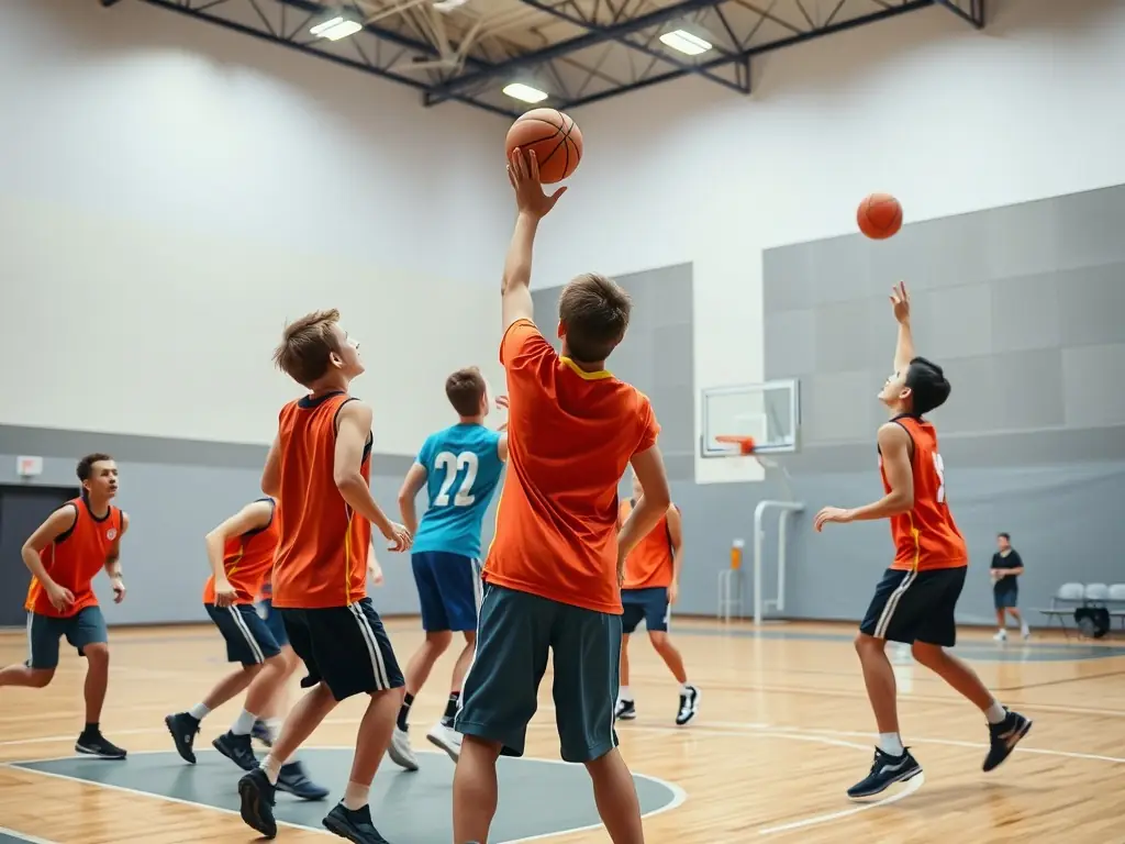 An action shot of adults playing basketball in an indoor court, emphasizing the dynamic and competitive nature of the adult basketball league at TEJ Sports Club.