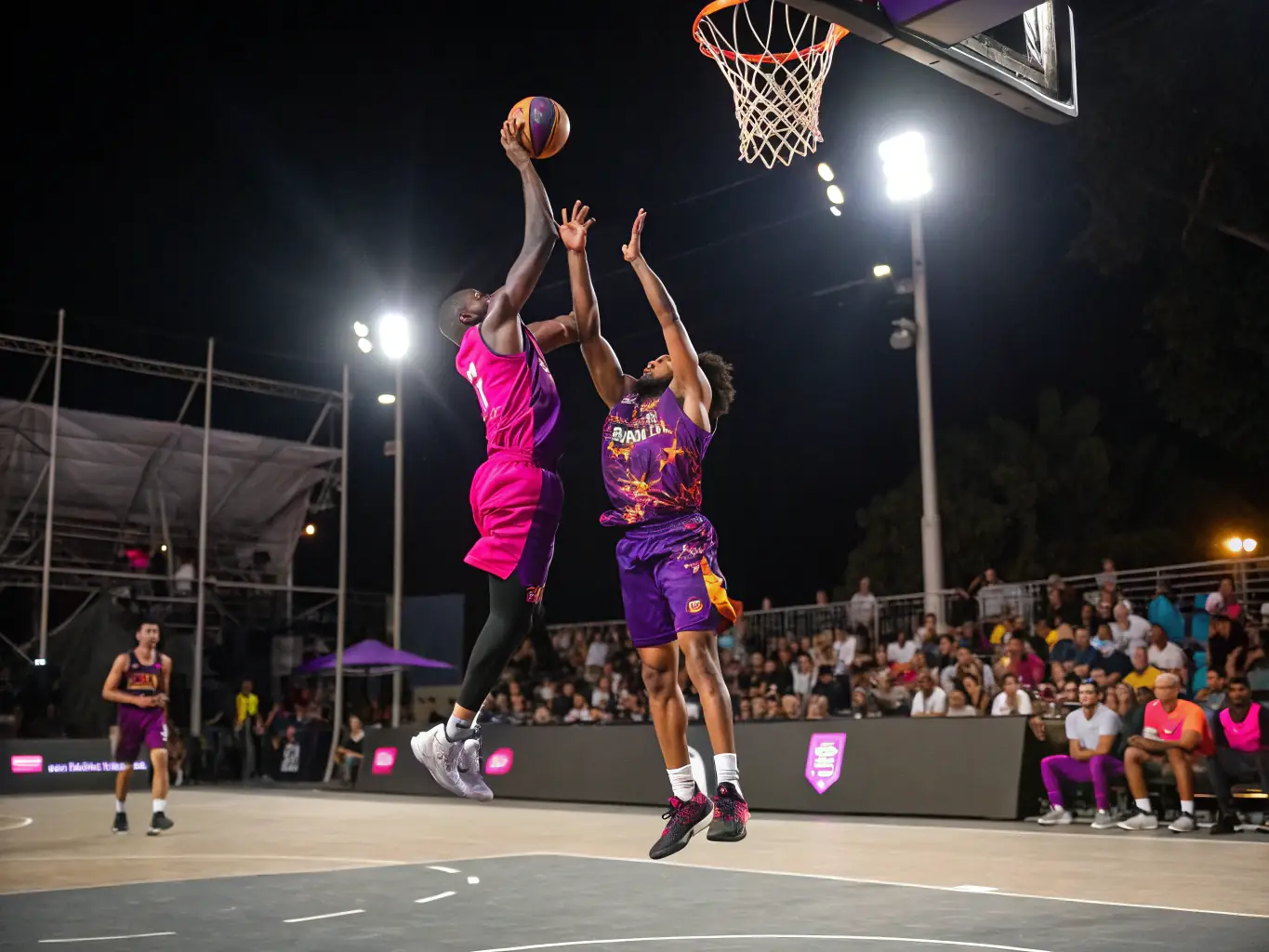 A dynamic image of individuals playing basketball in an indoor court, emphasizing the competitive spirit and camaraderie, with clear action shots of players in motion.