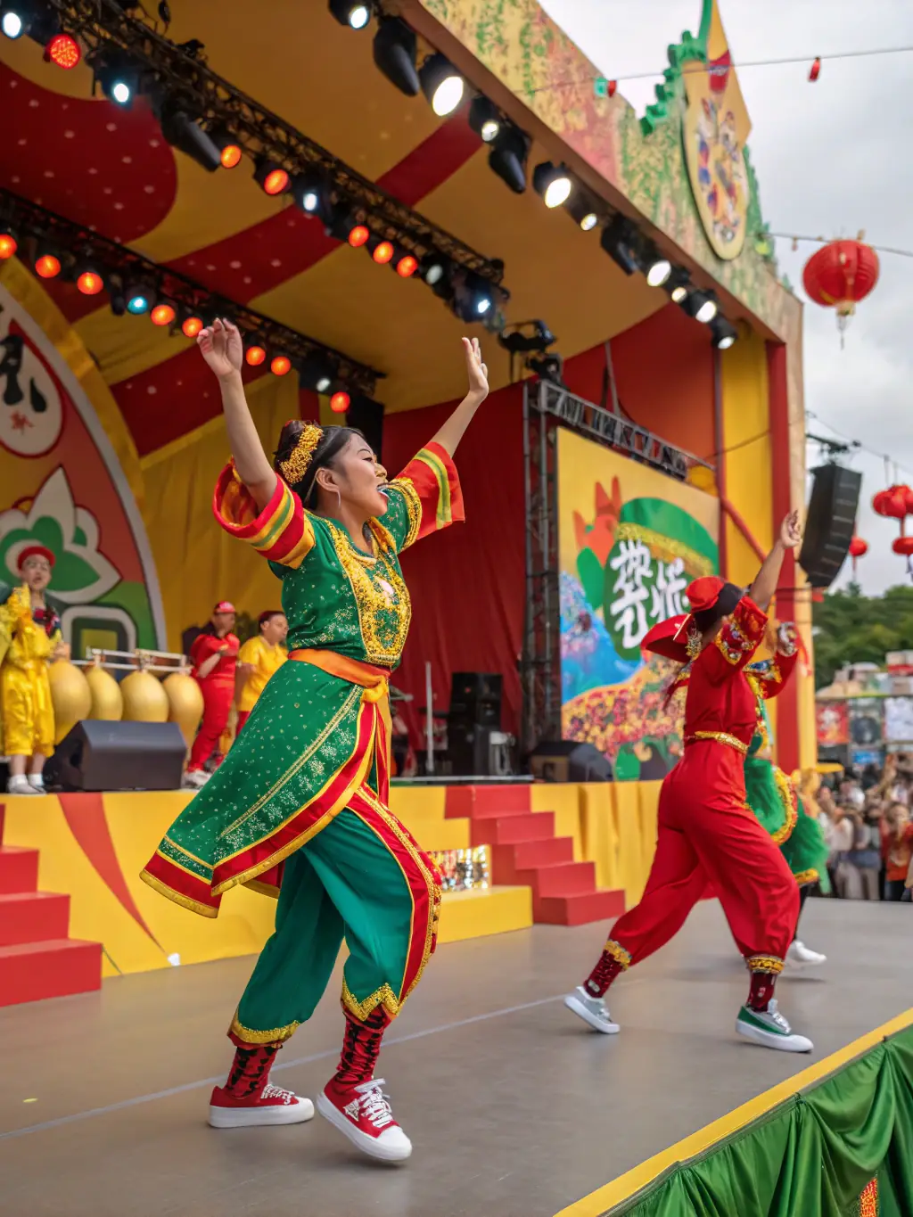 A captivating shot of a cultural festival organized by LA TETE ET LES JAMBES, highlighting traditional music, dance performances, and local food vendors, creating a lively and festive atmosphere.