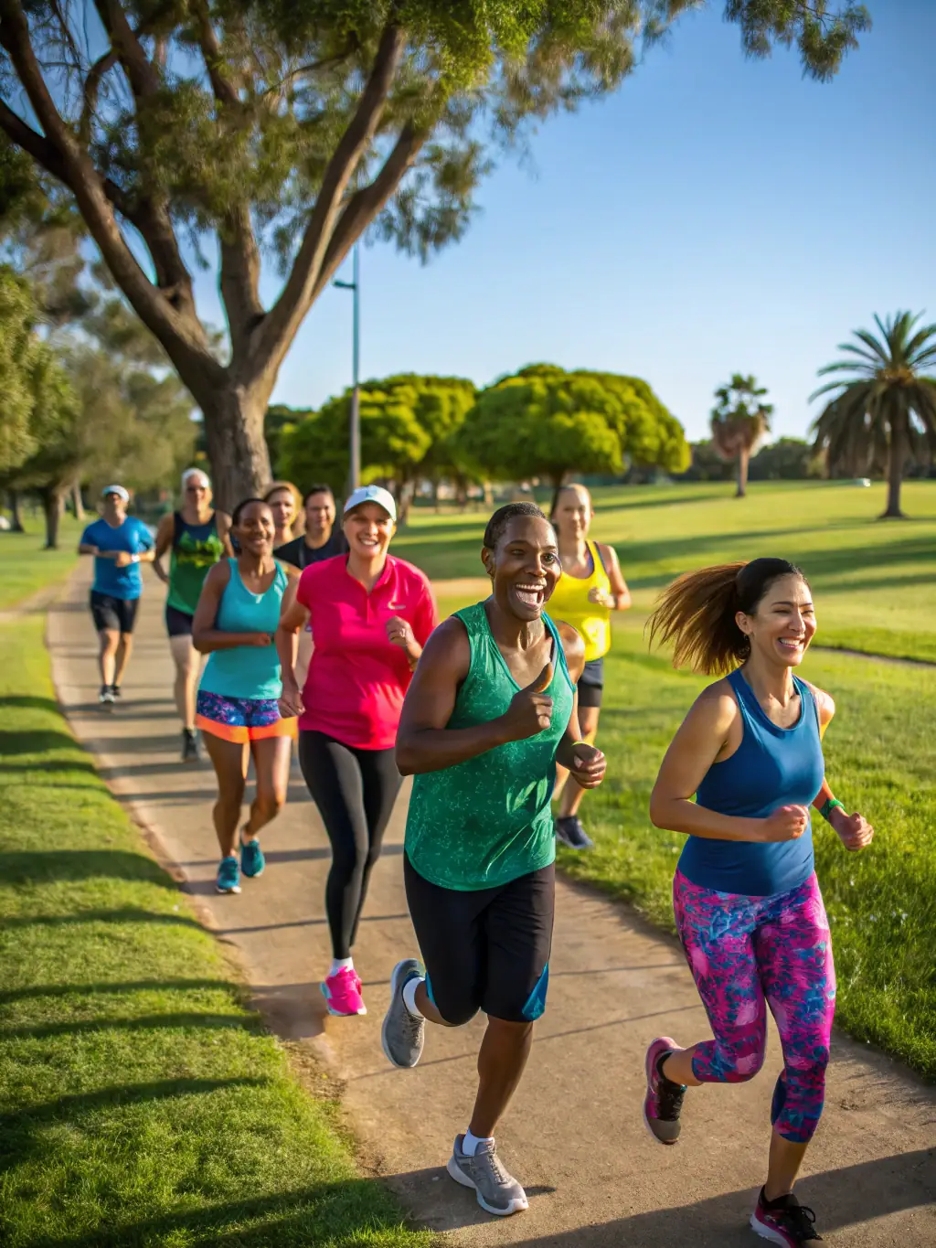 A dynamic image of participants engaged in a community running event organized by LA TETE ET LES JAMBES, featuring runners of all ages and abilities running through a scenic local park.