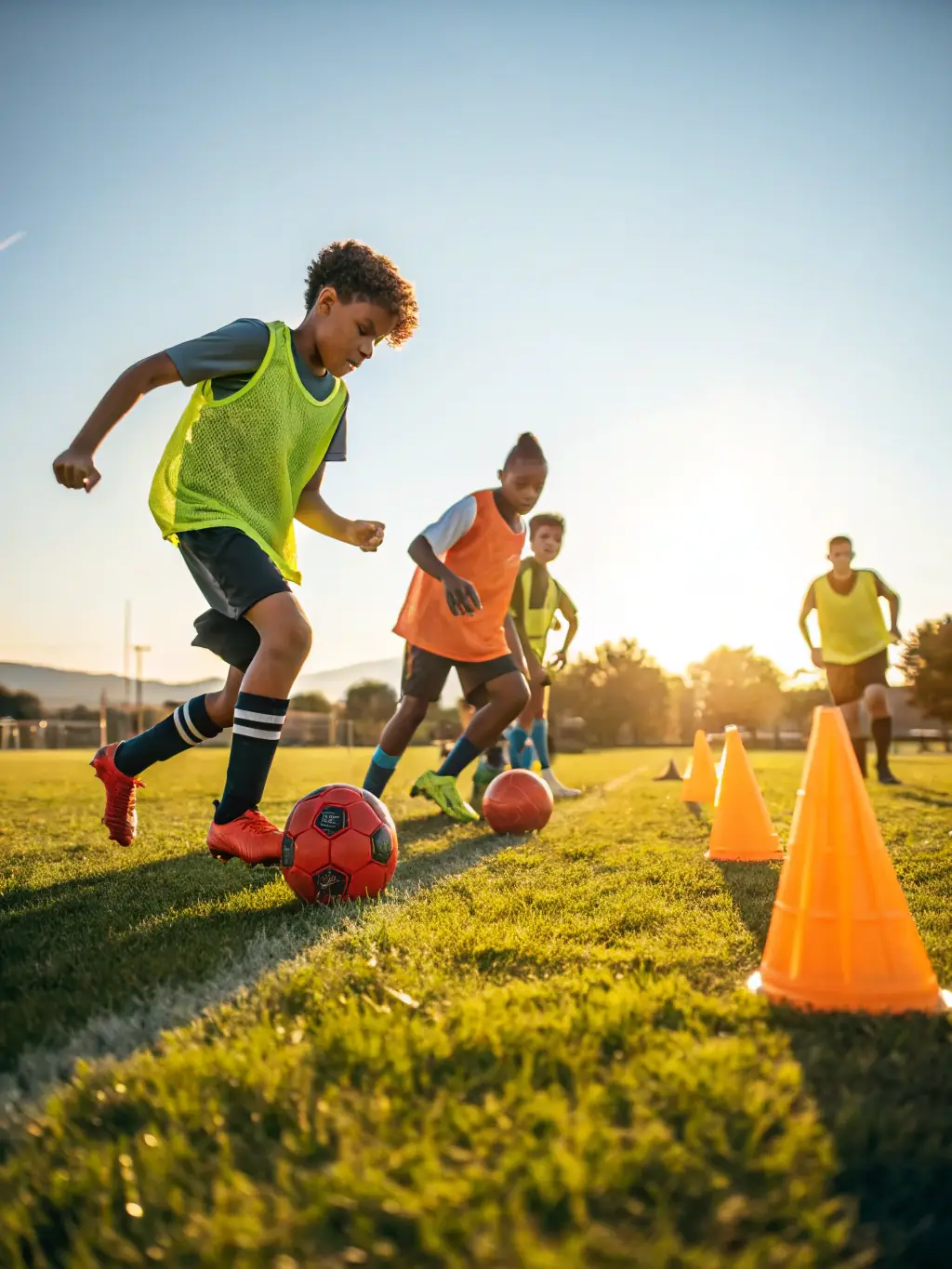 A vibrant photograph capturing the excitement of a local youth soccer tournament organized by LA TETE ET LES JAMBES, showcasing young players in action with enthusiastic spectators in the background.