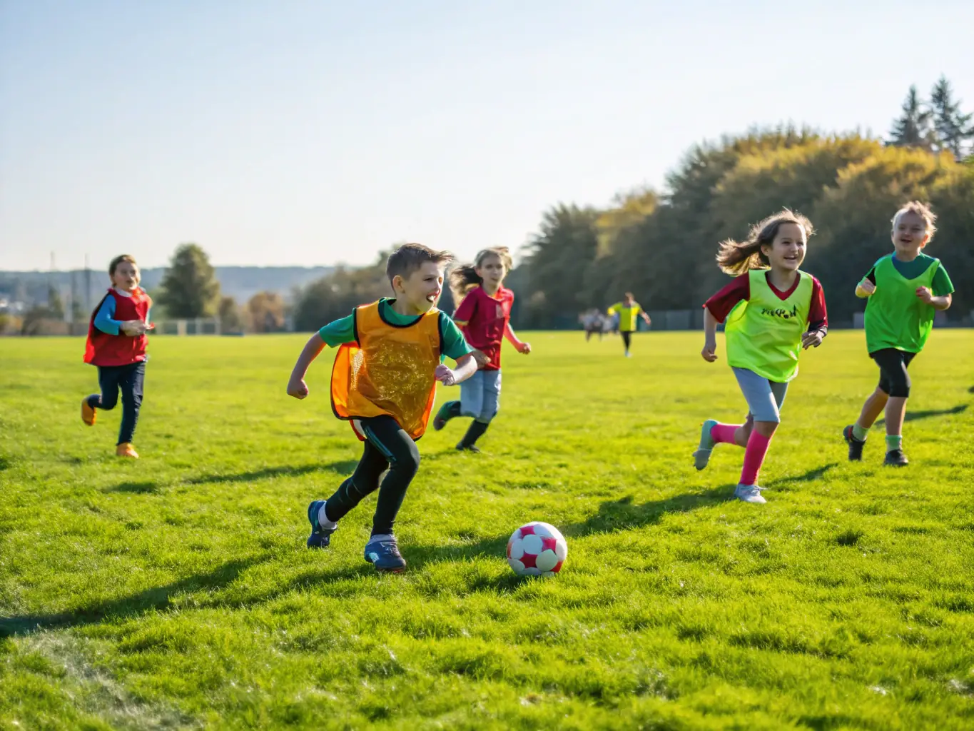 A vibrant image of children participating in a soccer clinic, showcasing teamwork and active engagement, set against a backdrop of a sunny sports field.